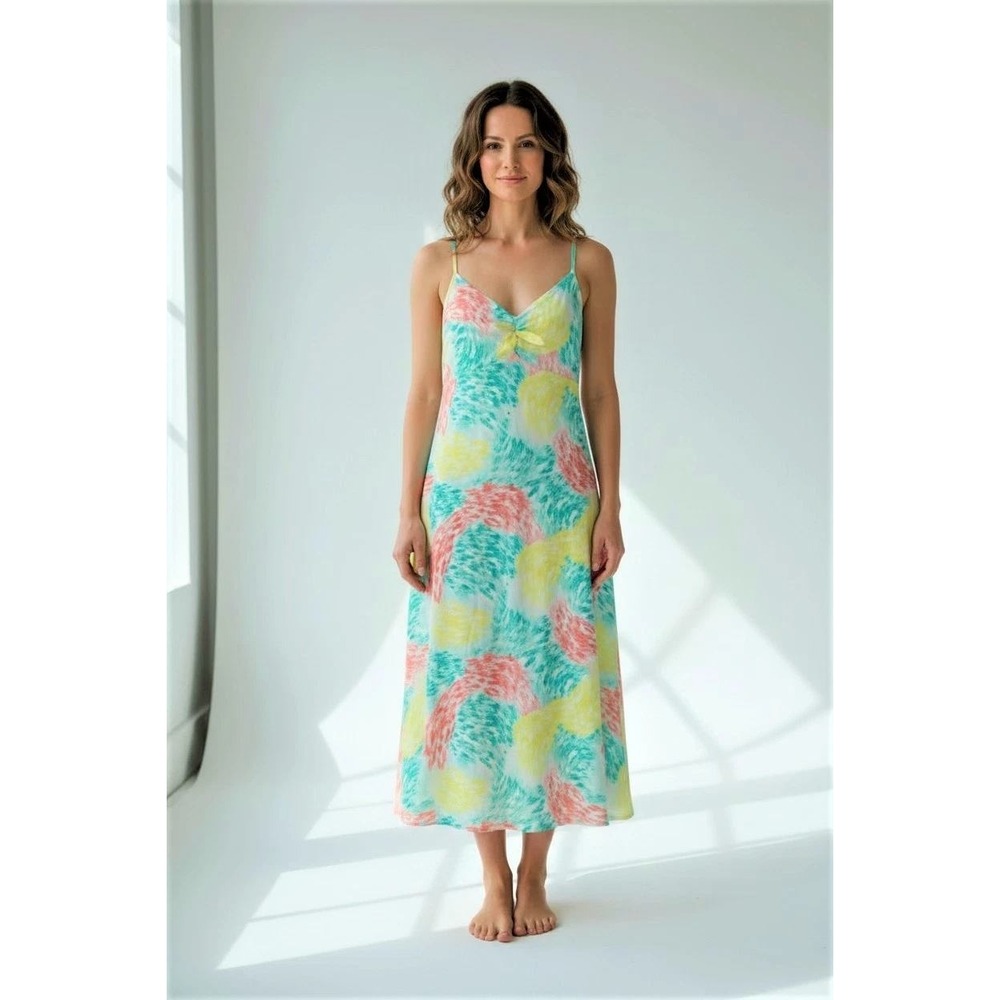 Emily Wonder Abstract Brushstroke Maxi Dress Teal Yellow Coral Rayon Small NWT
